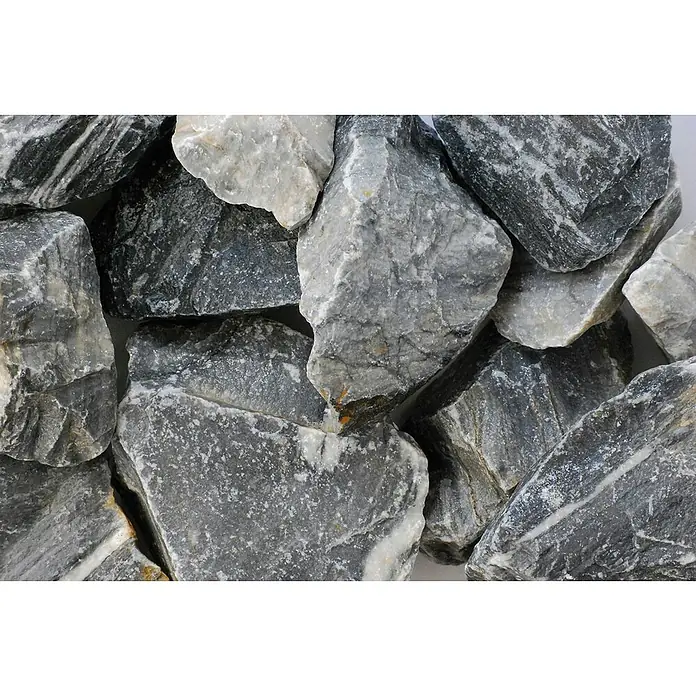 Scherf Bruchstein Marmor Big Bag - Körnung: 50 mm - 100 mm, Dunkelblau,Weiß,Hellgrau, Naturstein, 1.000 kg - Haufen dekorativer grauer Marmorkieselsteine, ideal für Gartenwege und Landschaftsbau, mit natürlichen Texturen und Farbtönen.