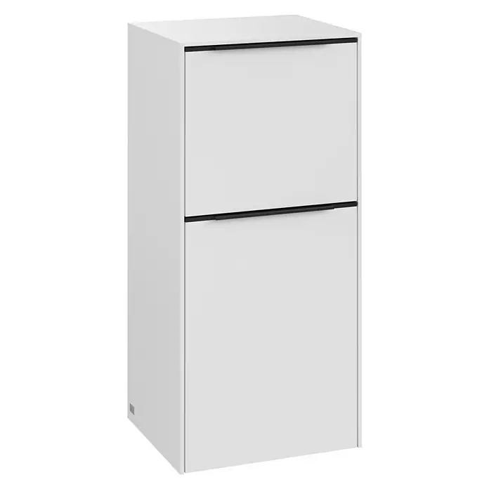 Villeroy & Boch Subway 3.0 Seitenschrank - B x T x H: 40 x 36,2 x 86 cm, Pure White, DIN Anschlag: Rechts, Farbe Griff: Volcano Black - Schrank mit zwei weißen Fächern und schwarzen Griffen für zusätzlichen Stauraum und elegantes Design.