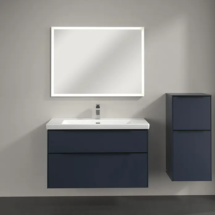 Villeroy & Boch Subway 3.0 Seitenschrank - B x T x H: 40 x 36,2 x 86 cm, Marine Blue, DIN Anschlag: Rechts, Farbe Griff: Volcano Black - Stilvolles Badezimmerensemble mit blauem Waschtischunterschrank, Aufsatzwaschbecken und beleuchtetem Spiegel. Moderne Badgestaltung für Ihr Zuhause.