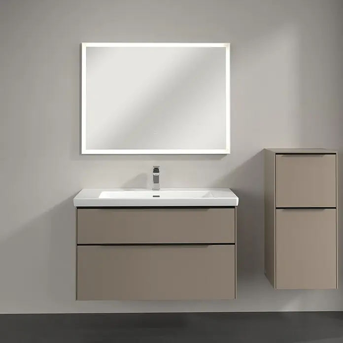 Villeroy & Boch Subway 3.0 Seitenschrank - B x T x H: 40 x 36,2 x 86 cm, Taupe, DIN Anschlag: Rechts, Farbe Griff: Volcano Black - Modernes Badezimmer-Ensemble mit Waschtischunterschrank, Aufsatzwaschbecken und beleuchtetem Spiegel. Zeitloses Design für Ihr Bad.