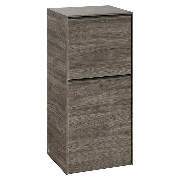Villeroy & Boch Subway 3.0 Seitenschrank - B x T x H: 40 x 36,2 x 86 cm, Stone Oak, DIN Anschlag: Rechts, Farbe Griff: Volcano Black - Holzfarbener Kommode mit zwei Schubladen. Der Holzkommode ist schlicht und modern und bietet Stauraum für verschiedene Gegenstände.