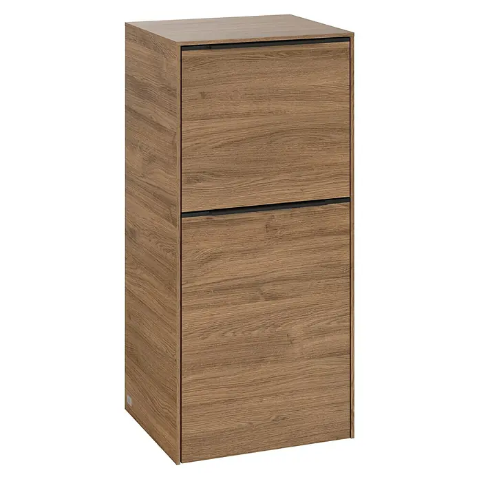 Villeroy & Boch Subway 3.0 Seitenschrank - B x T x H: 40 x 36,2 x 86 cm, Kansas Oak, DIN Anschlag: Rechts, Farbe Griff: Volcano Black - Holzfarbener Badschrank mit zwei Schubladen.