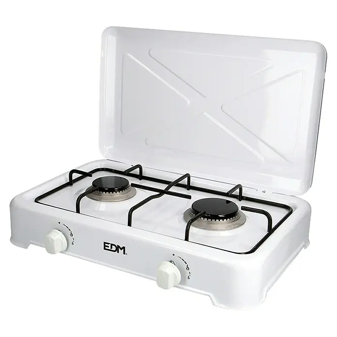 EDM Hornillo de gas - 33 x 48 x 8 cm, 3,5 kW, Metal, Número de quemadores: 2 ud. - Cocina de gas portátil blanca con dos quemadores y tapa, ideal para camping y actividades al aire libre.