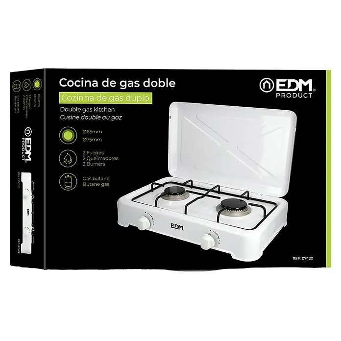 EDM Hornillo de gas - 33 x 48 x 8 cm, 3,5 kW, Metal, Número de quemadores: 2 ud. - Imagen de un hornillo de gas doble EDM blanco portátil con tapa abierta y quemadores negros.