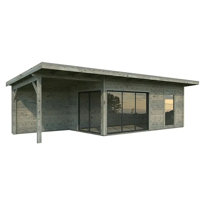 Palmako Gartenhaus Andrea Slide Plus - Außenmaß inkl. Dachüberstand (B x T): 920 x 402 cm, Tauchgrundiertes Holz, Grau - Bild eines modernen Holzgartenhauses mit großen Fensterfronten und überdachtem Terrassenbereich.
