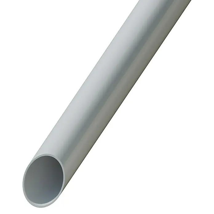 Fränkische Stangenrohr isofix-EL-F 25 - Querschnitt: EN 25, Länge: 3 m - Nahaufnahme eines grauen PVC-Rohrs vor einem dunklen Hintergrund. Ideal für Sanitär- oder Bauprojekte.