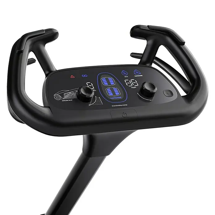 Litheli Akku-Rasenmäher EasySurge - 40 V, 2 Akkus, 4 Ah, Schnittbreite: 43 cm - Nahaufnahme eines EasySurge-Lenkers mit digitaler Anzeige und ergonomischen Griffen für komfortable Steuerung.