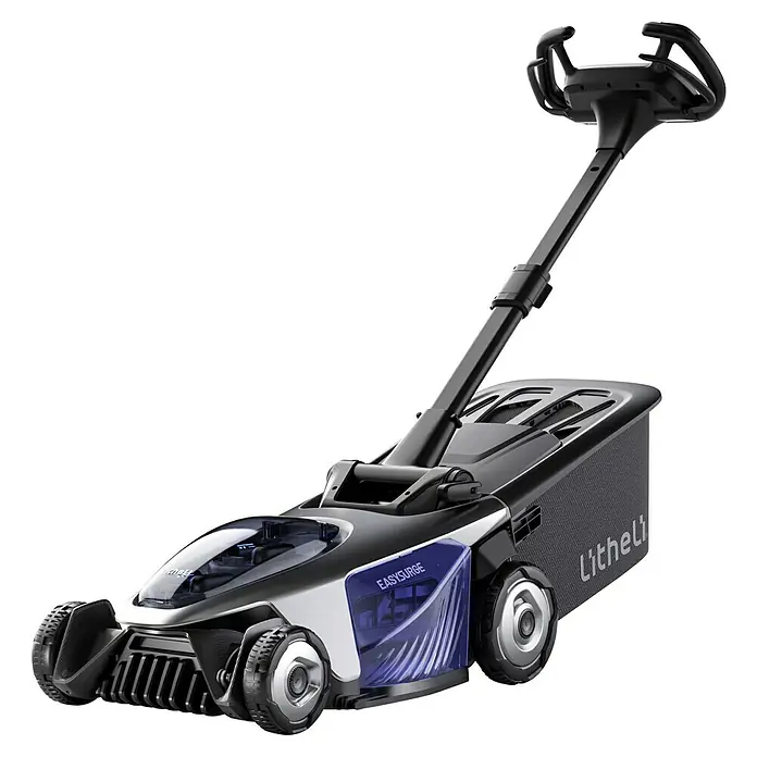 Litheli Akku-Rasenmäher EasySurge - 40 V, 2 Akkus, 4 Ah, Schnittbreite: 43 cm - Diese Aufnahme zeigt einen modernen, kabellosen Rasenmäher mit innovativem Design und futuristischen Elementen.