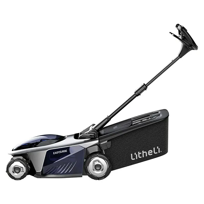 Litheli Akku-Rasenmäher EasySurge - 40 V, 2 Akkus, 4 Ah, Schnittbreite: 43 cm - Eine seitliche Ansicht eines 'EasySurge Litheli' Rasenmähers, der ein elegantes Design und effiziente Rasenpflege vereint.