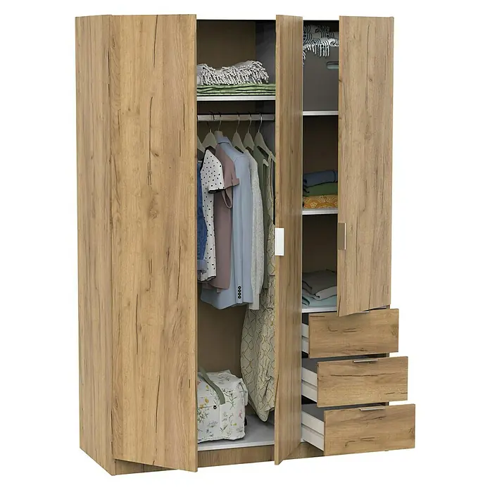 Muebles Pitarch Turín Armario para ropa - L x An x Al: 50 x 120 x 180 cm, Roble Kraft - Armario espacioso con estantes, barra para colgar y cajones en aspecto de madera para un amplio almacenaje y muebles elegantes.