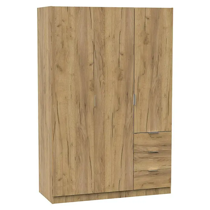Muebles Pitarch Turín Armario para ropa - L x An x Al: 50 x 120 x 180 cm, Roble Kraft - Un armario con aspecto de madera con tres puertas y dos cajones, perfecto para organizar tu ropa y accesorios.