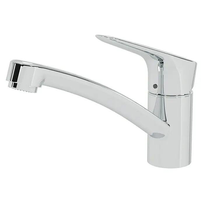 Hansgrohe Grifo de cocina Logis 120 - Cromo, Brillante - Un grifo cromado brillante, sobre un fondo negro, irradia elegancia moderna y funcionalidad, realzando cualquier baño con su diseño elegante.