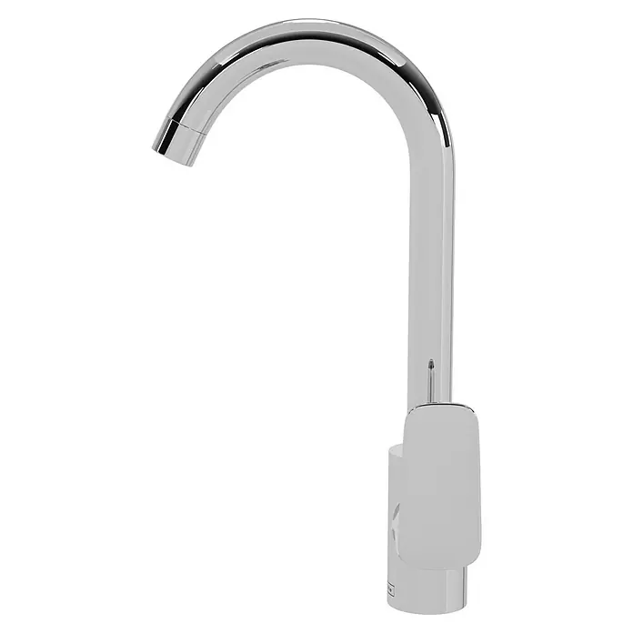 Hansgrohe Grifo de cocina Logis 260 - Cromo, Brillante - Primer plano de un grifo elegante y curvo con un acabado cromado pulido, que muestra un diseño moderno y alta calidad artesanal.