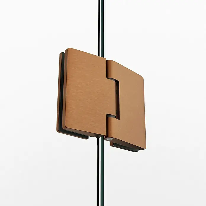 GME Mampara de ducha frontal Glass - 235 x 195 cm, Cobre, An x Al: 235 cm (50+70+70+50), 195 cm - Primer plano de una elegante bisagra de ducha de vidrio color bronce fijada a una pared de vidrio transparente.