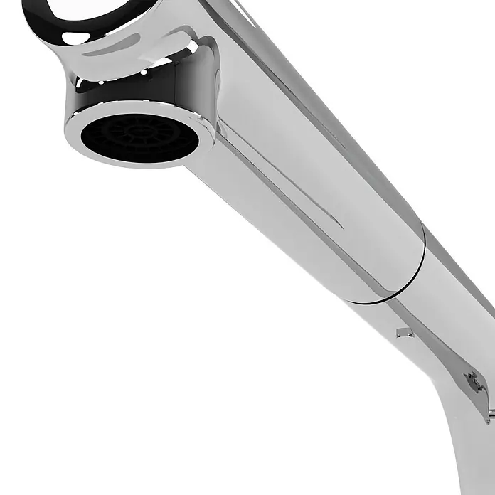 Hansgrohe Grifo de cocina Talis M54 270 - Cromo, Brillante - Primer plano de un grifo cromado moderno y brillante con un aireador en el caño sobre un fondo negro.