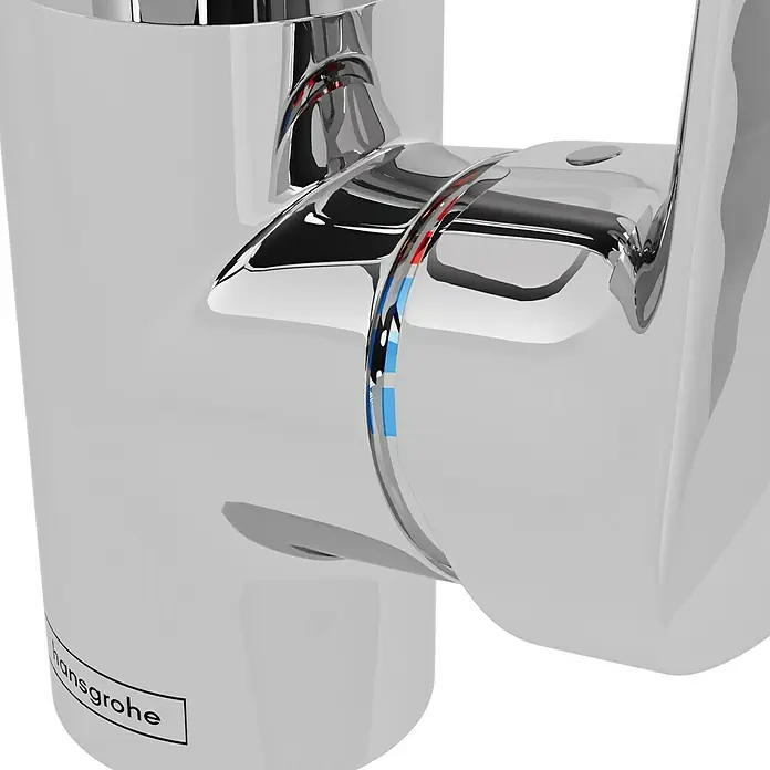 Hansgrohe Grifo de cocina Logis 260 - Cromo, Brillante - Detalle de un grifo Hansgrohe brillante con indicador de temperatura, que muestra diseño moderno y funcionalidad.