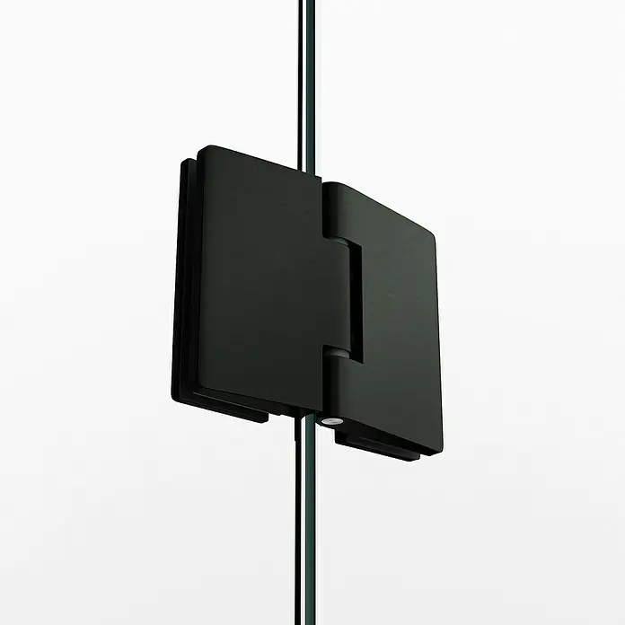 GME Mampara de ducha frontal Glass D - 70 x 195 cm, Espesor de vidrio: 8 mm, Titanio, An x Al: 70 (20/50) x 195 cm - Primer plano de una bisagra de ducha negra en una puerta de ducha de vidrio, destacando su diseño robusto y acabado premium.