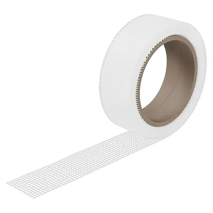 Probau Glasfasergewebeband - 45 mm x 20 m, Selbstklebend - Eine Rolle Glasfasergewebeband. Das Band ist weiß und auf eine Papprolle aufgewickelt.