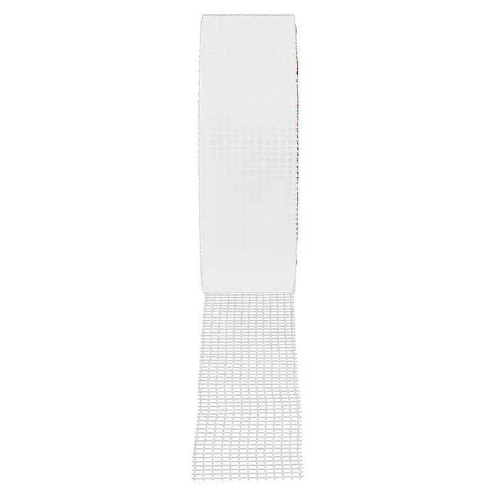 Probau Glasfasergewebeband - 45 mm x 20 m, Selbstklebend - Das Bild zeigt eine Rolle selbstklebendes, weißes Gitterband, ideal zum Verstärken und Reparieren von Oberflächen im Innenausbau. Vielseitig und zuverlässig.