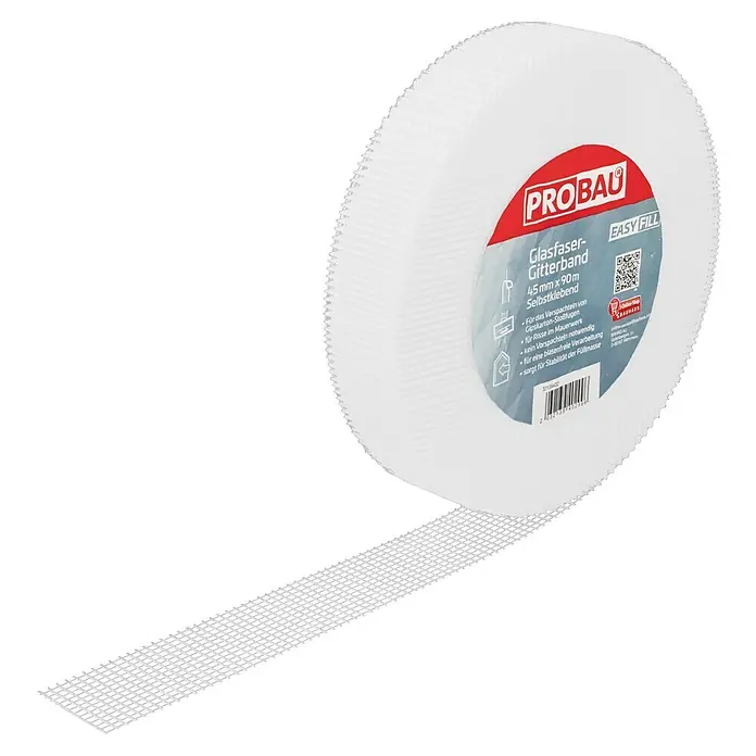 Probau Glasfasergewebeband - 45 mm x 90 m, Selbstklebend - Eine Rolle Probau Glasfasergitterband, selbstklebend, 45 mm x 90 m, für professionelle Trockenbau- und Reparaturarbeiten.