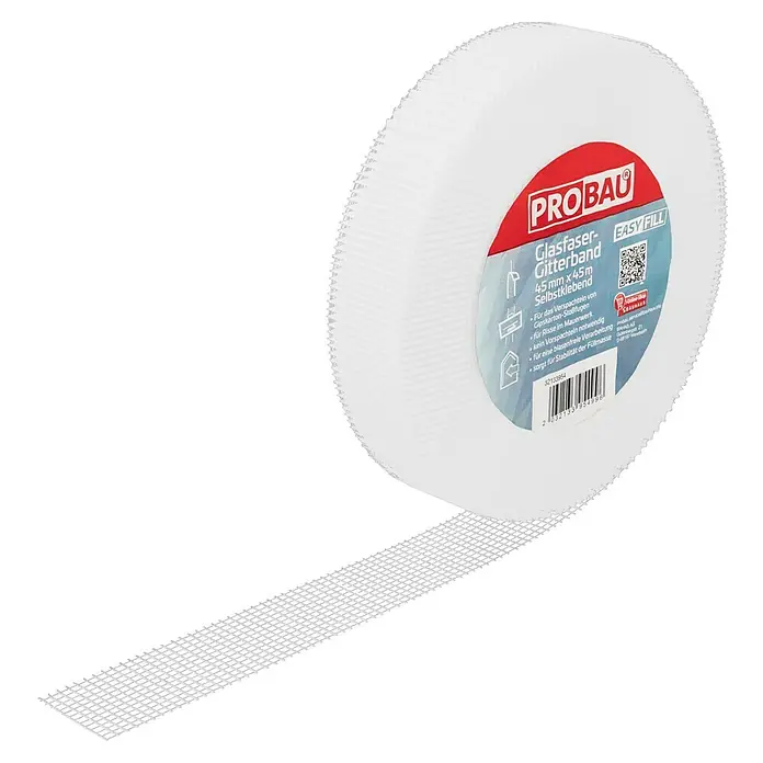 Probau Glasfasergewebeband - 45 mm x 45 m, Selbstklebend - Ein Rolle Probau Glasfasergitterband, 45mm x 45m, selbstklebend. Zum Verspachteln von Gipskarton-Stoßfugen und für Risse im Mauerwerk.