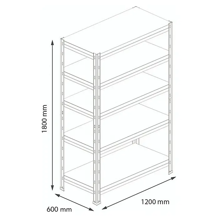 AR Shelving Schwerlastregal Rivet - H x B x T: 180 x 120 x 60 cm, Traglast pro Boden: 250 kg, Anzahl Böden: 5 Stk., Stecken, Silber - Abbildung eines Regalsystems mit fünf Ebenen, Abmessungen 1800 mm hoch, 600 mm breit und 1200 mm tief für Lager- und Organisationszwecke.