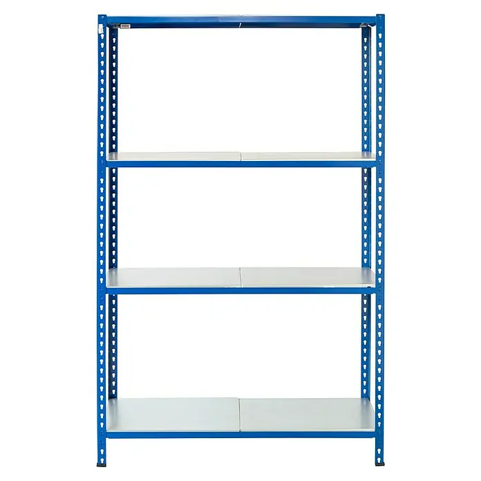 AR Shelving Metallregal - H x B x T: 250 x 120 x 40 cm, Traglast pro Boden: 180 kg, Anzahl Böden: 4 Stk., Stecken, Blau - Abbildung eines blauen Metallregals mit drei Regalböden. Ideal für Lagerung und Organisation.