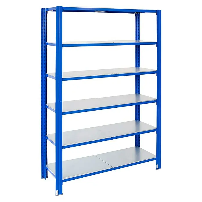 AR Shelving Metallregal T-Profil Grundelement - H x B x T: 200 x 120 x 30 cm, Traglast pro Boden: 250 kg, Anzahl Böden: 6 Stk., Stecken, Blau - Abbildung eines blauen Schwerlastregals mit mehreren Ablagen, ideal für Lagerung und Organisation.