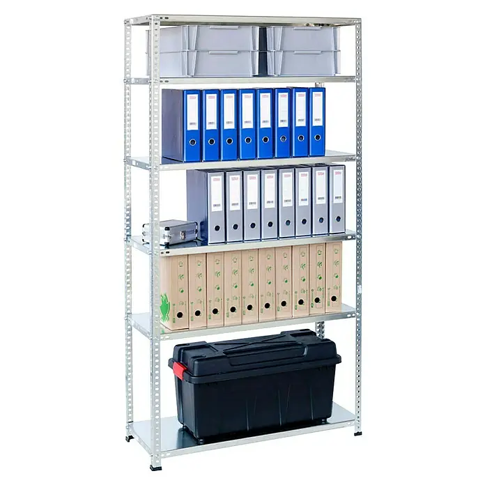 AR Shelving Metallregal - H x B x T: 200 x 100 x 40 cm, Traglast pro Boden: 100 kg, Anzahl Böden: 6 Stk., Schrauben, Silber - Das Bild zeigt ein Regal mit Ordnern und Boxen. Es bietet viel Stauraum und ist ideal für Büro oder Lager.