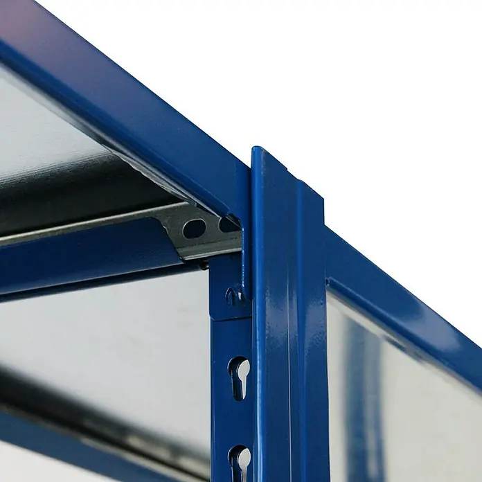 AR Shelving Metallregal T-Profil Grundelement - H x B x T: 250 x 100 x 30 cm, Traglast pro Boden: 250 kg, Anzahl Böden: 4 Stk., Stecken, Blau - Detailaufnahme eines blauen Metallregals, das Stabilität und Funktionalität vereint. Ideal für Lagerung und Ordnung.