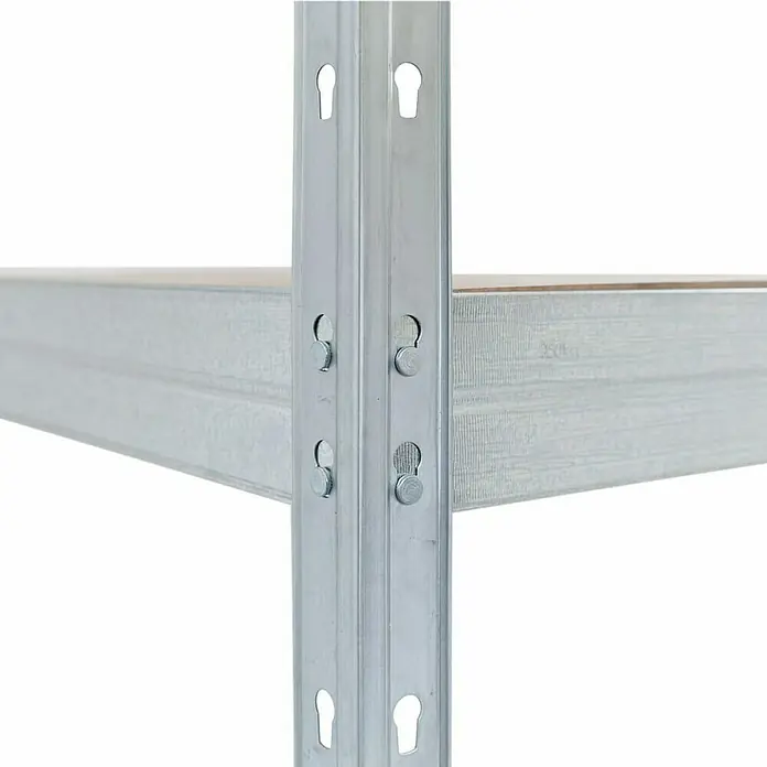 AR Shelving Schwerlastregal Rivet - H x B x T: 180 x 180 x 45 cm, Traglast pro Boden: 175 kg, Anzahl Böden: 15 Stk., Stecken, Silber - Detailaufnahme eines Metallregals mit Bolzen und Schlüsselbohrungen zur flexiblen Anpassung der Regalböden.