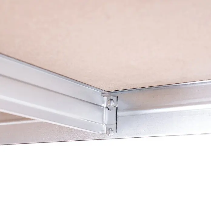 AR Shelving Schwerlastregal Rivet - H x B x T: 180 x 180 x 45 cm, Traglast pro Boden: 175 kg, Anzahl Böden: 15 Stk., Stecken, Silber - Nahaufnahme einer Gipskartondecke mit silberfarbenen Metallrahmen und Befestigungselementen.