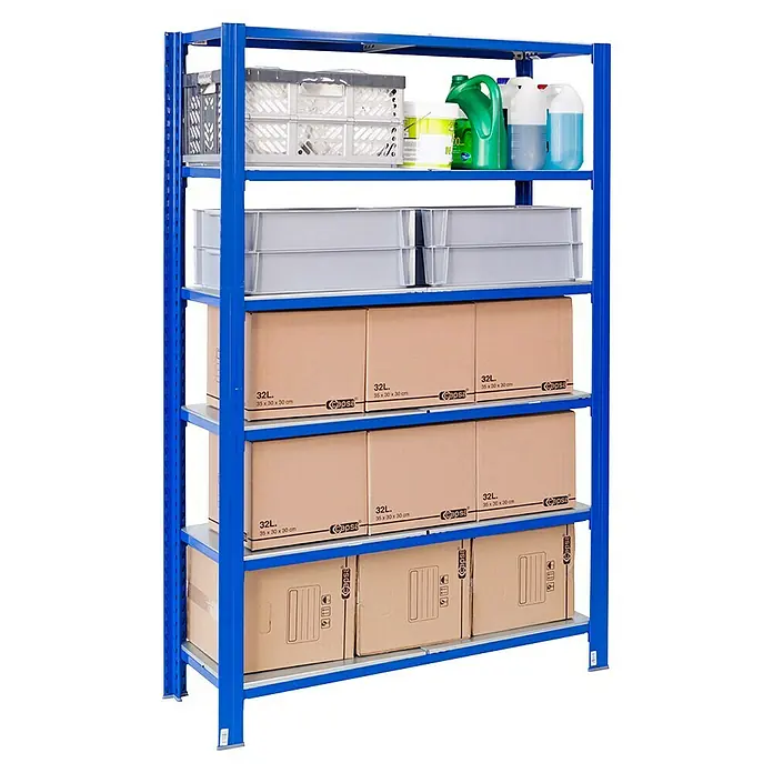 AR Shelving Metallregal T-Profil Grundelement - H x B x T: 200 x 120 x 30 cm, Traglast pro Boden: 250 kg, Anzahl Böden: 6 Stk., Stecken, Blau - Blaues Metallregal mit mehreren Ebenen, gefüllt mit Aufbewahrungsboxen, Behältern und Reinigungsartikeln.