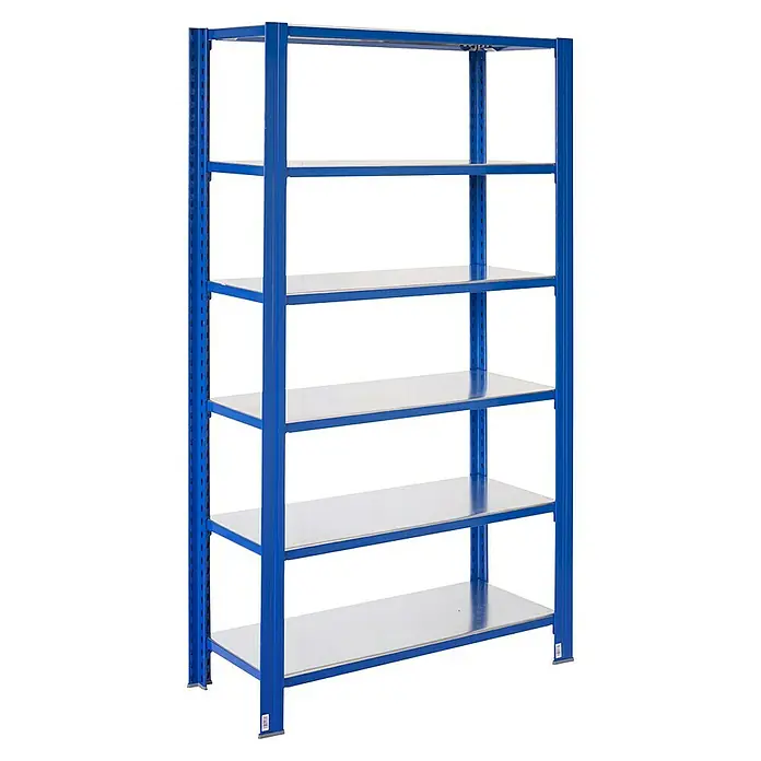 AR Shelving Metallregal T-Profil GrundelementH x B x T: 200 x 100 x 30 cm, Traglast pro Boden: 250 kg, Anzahl Böden: 6 Stk., Stecken, Blau - Diagonale Ansicht