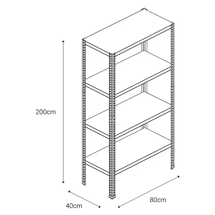 AR Shelving Metallregal - H x B x T: 200 x 80 x 40 cm, Traglast pro Boden: 100 kg, Anzahl Böden: 4 Stk., Schrauben, Silber - Abbildung eines Regals mit vier Ebenen, Abmessungen 200cm Höhe, 80cm Breite und 40cm Tiefe. Praktische Lagerlösung.