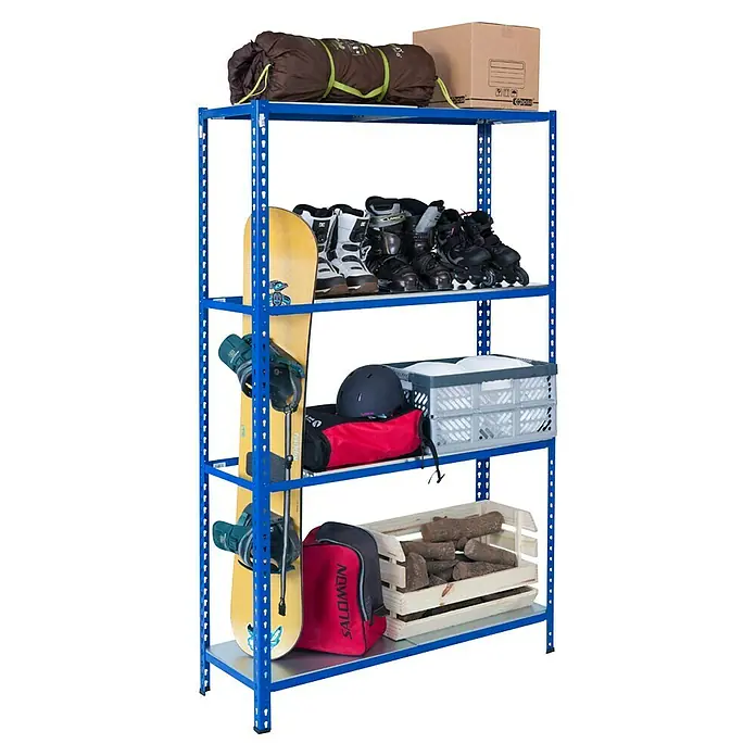 AR Shelving Metallregal - H x B x T: 250 x 120 x 40 cm, Traglast pro Boden: 180 kg, Anzahl Böden: 4 Stk., Stecken, Blau - Lagerregal mit Snowboard, Ski-Schuhen und Kiste.
