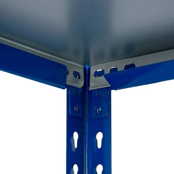 AR Shelving Metallregal - H x B x T: 250 x 120 x 40 cm, Traglast pro Boden: 180 kg, Anzahl Böden: 4 Stk., Stecken, Blau - Detailaufnahme eines blauen Metallregals, das die robuste Konstruktion und die einfache Montage des Produkts hervorhebt.