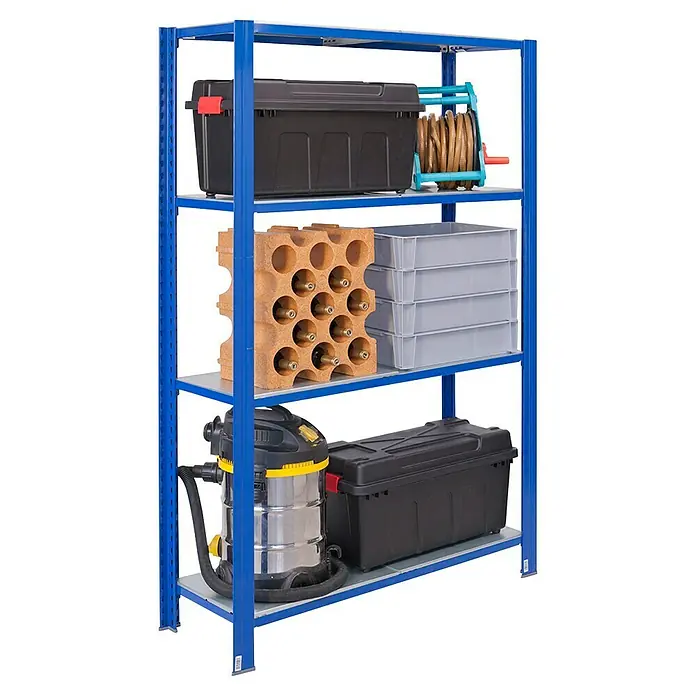 AR Shelving Metallregal T-Profil Grundelement - H x B x T: 200 x 120 x 50 cm, Traglast pro Boden: 250 kg, Anzahl Böden: 4 Stk., Stecken, Blau - Vielseitiges blaues Regalsystem mit Aufbewahrungsboxen, Weinregal und Staubsauger für geordnete Lagerung.