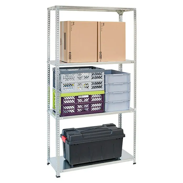 AR Shelving Metallregal - H x B x T: 250 x 100 x 40 cm, Traglast pro Boden: 100 kg, Anzahl Böden: 4 Stk., Schrauben, Silber - Ein silbernes Lagerregal mit zwei Kartons, mehreren farbigen und grauen Kisten und einer schwarzen Werkzeugkiste.