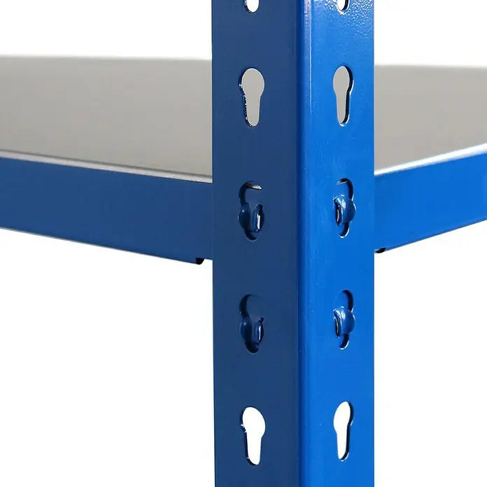 AR Shelving Metallregal - H x B x T: 250 x 120 x 40 cm, Traglast pro Boden: 180 kg, Anzahl Böden: 4 Stk., Stecken, Blau - Detailaufnahme eines blauen Metallregals mit verstellbaren Regalböden, die durch Schlüssellochmuster befestigt sind.
