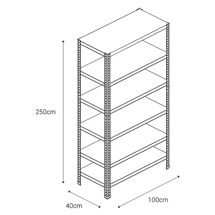 AR Shelving Metallregal - H x B x T: 250 x 100 x 40 cm, Traglast pro Boden: 100 kg, Anzahl Böden: 6 Stk., Schrauben, Silber - Abbildung eines Schwerlastregals mit fünf Ebenen und den Maßen 250 cm Höhe, 100 cm Breite und 40 cm Tiefe.