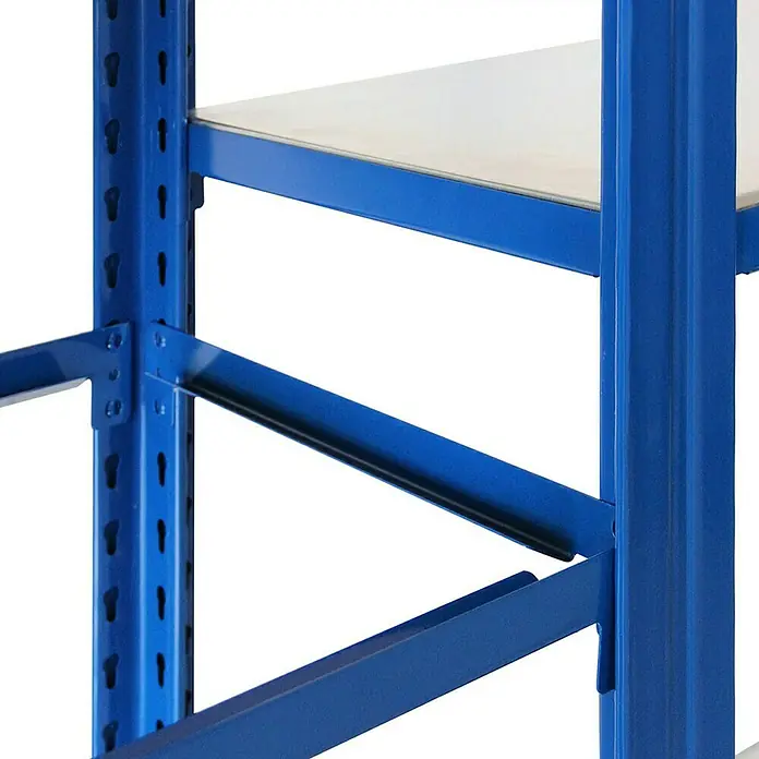 AR Shelving Metallregal T-Profil Grundelement - H x B x T: 250 x 100 x 30 cm, Traglast pro Boden: 250 kg, Anzahl Böden: 4 Stk., Stecken, Blau - Detailansicht eines blauen Schwerlastregals mit Metallebenen, ideal für Lagerung und Organisation in Werkstatt oder Lager.