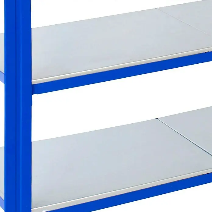 AR Shelving Metallregal T-Profil Grundelement - H x B x T: 200 x 120 x 50 cm, Traglast pro Boden: 250 kg, Anzahl Böden: 4 Stk., Stecken, Blau - Nahaufnahme eines blauen Metallregals mit grauen Regalböden, ideal für Lagerung und Organisation.