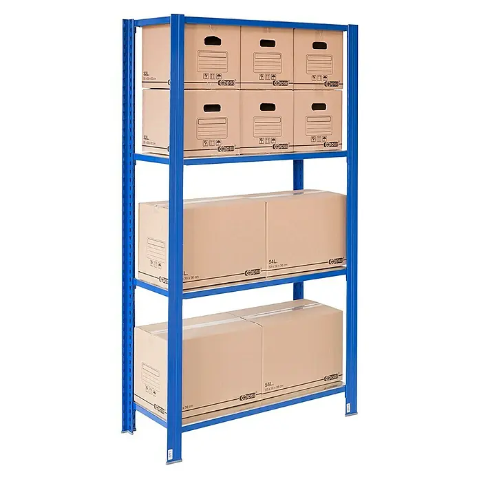 AR Shelving Metallregal T-Profil Grundelement - H x B x T: 250 x 100 x 30 cm, Traglast pro Boden: 250 kg, Anzahl Böden: 4 Stk., Stecken, Blau - Ein blaues Lagerregal mit Kartons verschiedener Größen, beschriftet mit "Capsa", bietet viel Stauraum.