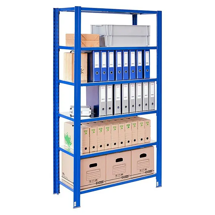 AR Shelving Metallregal T-Profil Grundelement - H x B x T: 250 x 60 x 40 cm, Traglast pro Boden: 250 kg, Anzahl Böden: 6 Stk., Stecken, Blau - Regal mit blauen Metallrahmen und mehreren Regalböden, beladen mit Ordnern und Kartons.