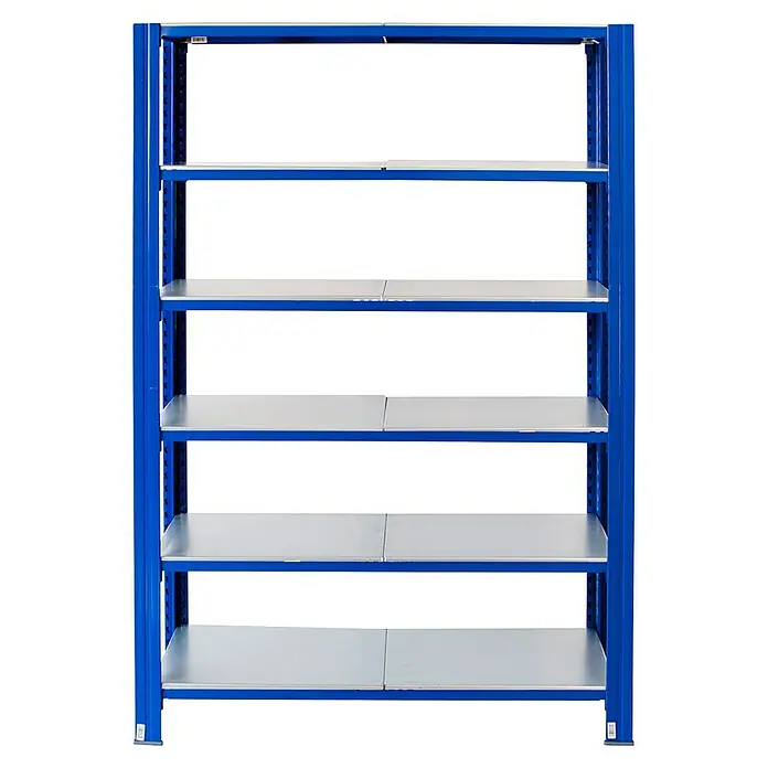AR Shelving Metallregal T-Profil Grundelement - H x B x T: 200 x 120 x 30 cm, Traglast pro Boden: 250 kg, Anzahl Böden: 6 Stk., Stecken, Blau - Ein blaues, leeres Metallregal mit sechs Regalböden für Lagerung und Organisation im Büro oder Lager.