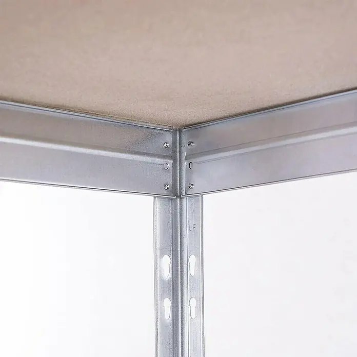 AR Shelving Schwerlastregal Rivet - H x B x T: 180 x 180 x 45 cm, Traglast pro Boden: 175 kg, Anzahl Böden: 15 Stk., Stecken, Silber - Nahaufnahme eines Metallregals mit einer stabilen Holzplatte. Das Regal ist robust und bietet viel Stauraum.