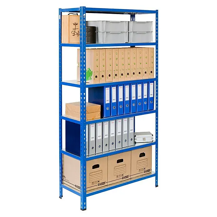 AR Shelving Metallregal - H x B x T: 250 x 60 x 50 cm, Traglast pro Boden: 180 kg, Anzahl Böden: 6 Stk., Stecken, Blau - Regal mit mehreren Ablagen, voll mit Ordnern, Kisten und Kästen, ideal für Büro oder Lager.