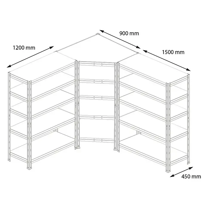 AR Shelving Schwerlastregal Rivet - H x B x T: 180 x 240 x 45 cm, Traglast pro Boden: 175 kg, Anzahl Böden: 15 Stk., Stecken, Silber - Abbildung eines Eckregalsystems mit detaillierten Maßangaben für Breite und Tiefe. Optimal zur Raumausnutzung.