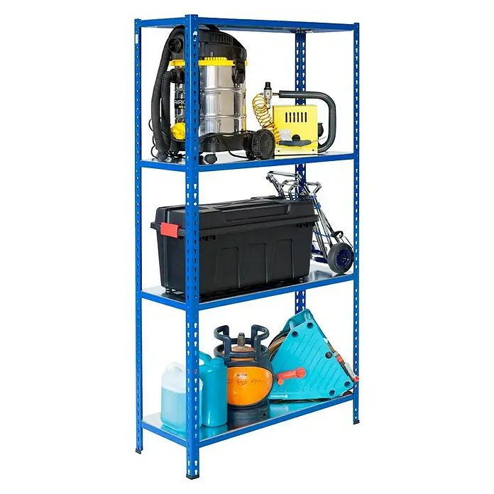AR Shelving Metallregal - H x B x T: 250 x 80 x 30 cm, Traglast pro Boden: 180 kg, Anzahl Böden: 4 Stk., Stecken, Blau - Regal mit Werkzeugen: Ein Regal, gefüllt mit Werkzeugen wie Staubsauger, Werkzeugkasten, Gasflasche und Gartenschlauch.